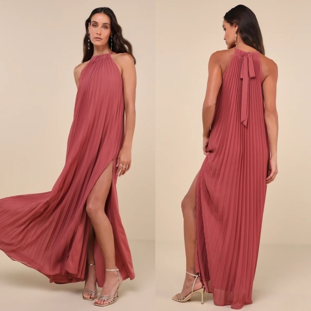 Lulus Exceptionally Elegant Rusty Rose Pleated Chiffon Maxi Dress Wedding Party